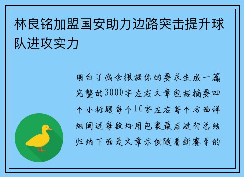 林良铭加盟国安助力边路突击提升球队进攻实力