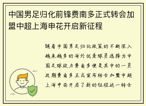 中国男足归化前锋费南多正式转会加盟中超上海申花开启新征程